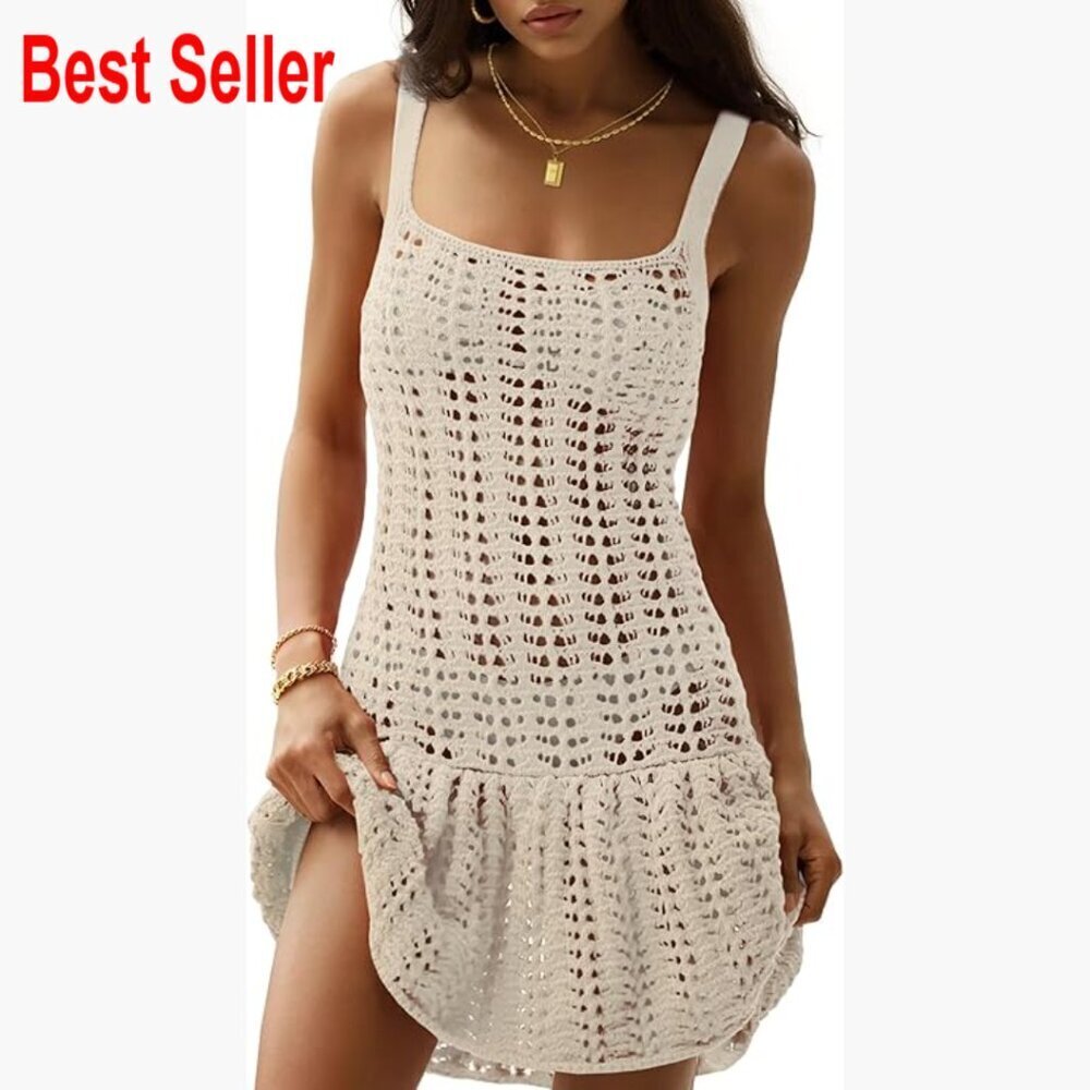Crochet Hollow Out Swimsuit Cover Up Beach Dress Sleeveless